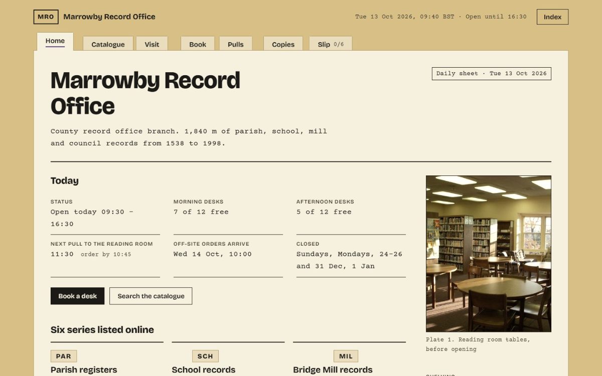 Marrowby Record Office 첫 화면